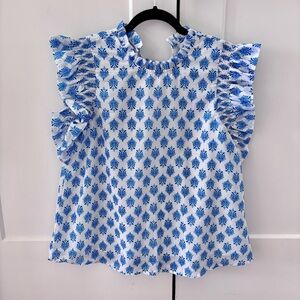 J.Marie Blue Block Print Ruffle Sleeve Top
